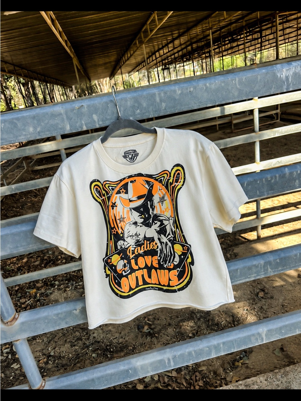 Country Road Cream Graphic Crop Top with Orange & Black Print